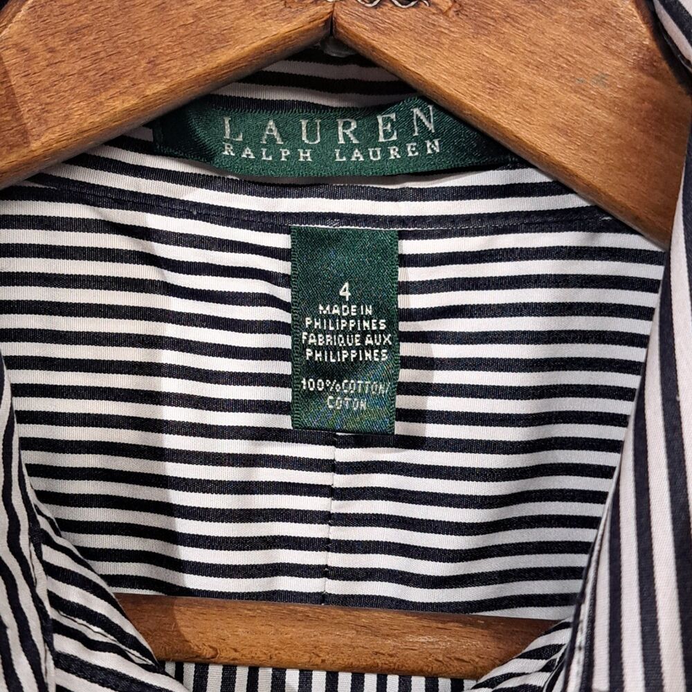Lauren Ralph Lauren Sleeveless Ruffled Blouse Black White Stripes Size 4 Cotton - Picture 5 of 7